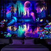 Simpkeely Fantasy Forest Jellyfish Tapestry, Blacklight Colorful Mushroom Butterfly Wall Hanging, UV Reactive Moon Reflection Glow in The Dark Tapestries for Bedroom Aesthetic