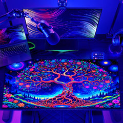 Simpkeely Vibrant Tree of Life Mouse Pad, Blacklight Gaming Extended Large Desk Pad, UV Reactive Long Computer Keyboard Big Mouse Mat with 3mm Non-Slip Rubber Base for Office Home