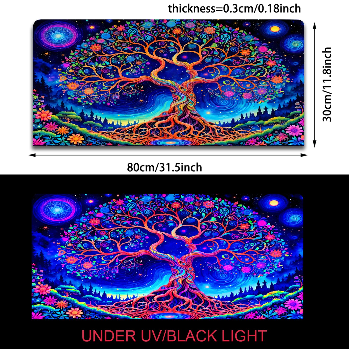 Simpkeely Vibrant Tree of Life Mouse Pad, Blacklight Gaming Extended Large Desk Pad, UV Reactive Long Computer Keyboard Big Mouse Mat with 3mm Non-Slip Rubber Base for Office Home