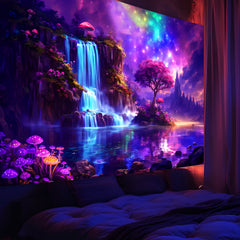 Simpkeely Fantasy Galaxy Waterfall Tapestry - Blacklight Wonderland Tree Mushroom UV Reactive Wall Tapestries Hanging for Bedroom & Living Room