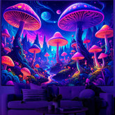 Simpkeely Blacklight Fantasy Mushroom Forest Tapestry – UV Reactive Glow in the Dark Galaxy Mushroom Art Decor Wall Hanging Tapestries for Bedroom, Living Room, Party