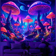 Simpkeely Blacklight Fantasy Mushroom Forest Tapestry – UV Reactive Glow in the Dark Galaxy Mushroom Art Decor Wall Hanging Tapestries for Bedroom, Living Room, Party