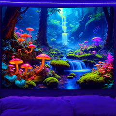 Simpkeely Magical Blacklight Forest Tapestry - UV Reactive Neon Mushroom Waterfall Fairy Landscape Glow in the Dark Wall Art for Bedroom, Dorm Decor