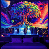 Simpkeely Tree of Life Blacklight Tapestry UV Reactive Colorful Waterfall Tapestry Galaxy Space Planet Cloud Vintage Wall Tapestries Hanging for Bedroom - 59.1" L x 51.2" W