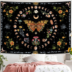 Simpkeely Butterfly Moon Phase Tapestry, Botanical Floral Plant Boho Mushroom Wall Hanging Tapestries, Vintage Aesthetic Tapestry for Bedroom, Living Room