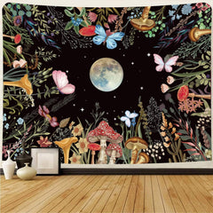 Simpkeely Moon Garden Tapestry Mushroom Moonlit Tapestry Wall Hanging Floral Tapestry Butterfly Plant Poster Country Tapestry for Bedroom Dorm Living Room