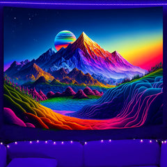Simpkeely Sunset Mountain Tapestry, Blacklight Colorful Forest Lake UV Reactive Tapestry, Neon Glow in The Dark Starry Stars Nature Landscape Wall Hanging Tapestries for Bedroom