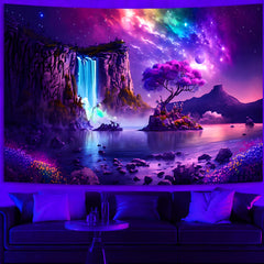 Simpkeely Fantasy Waterfall Tapestry, Blacklight Wonderland Purple Galaxy Tree Landscape UV Reactive Wall Hanging Tapestries for Bedroom, Living Room