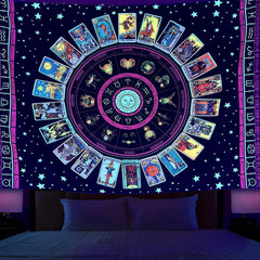 Simpkeely Blacklight Astrology Tarot Tapestry, Wheel of The Zodiac Spiritual Tapestries, UV Reactive Stars Constellation Decoration Wall Hanging Neon Tapestry for Bedroom Aesthetic