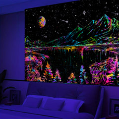 Simpkeely Blacklight Mountain Tapestry, Galaxy Meteor Aesthetic UV Reactive Tapestries, Forest Moon and Stars Starry Night Glow in The Dark Wall Hanging Tapestry for Bedroom, Living Room