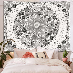 Simpkeely Bohemian Floral Tapestry Wall Hanging, Black and White Daisy Medallion Art Print Tapestry for Bedroom Aesthetic Boho Hippie Home Decor