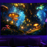 Simpkeely Blacklight Fantasy Mushroom Forest Tapestry, Magical Elves Fairy Fireflies Tree of Life UV Reactive Neon Nature Landscape Wall Hanging Tapestries for Bedroom, Living Room