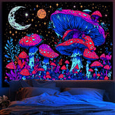 Simpkeely Blacklight Mushroom Tapestry - UV Reactive Glow in the Dark Mystical Night with Moon & Plant Fantasy Wall Hanging for Bedroom & Living Room