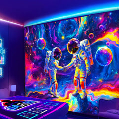 Simpkeely Blacklight Astronaut Handshake Tapestry, UV Reactive Galaxy Colorful Space Wall Hanging Tapestries, Fantasy Starry Sky Glow in The Dark Tapestry for Bedroom, Living Room