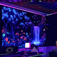 Simpkeely Blacklight Waterfall Tapestry - UV Reactive Glow in The Dark Enchanted Forest Wall Hanging, Neon Butterfly & Floral Wonderland Nature Decor for Bedroom & Living Room