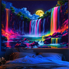 Simpkeely Blacklight Fantasy Waterfall Moon Tapestry, UV Reactive Nature Tapestry Neon Landscape Mountain Rainbow Wave Tapestry Wall Hanging Tapestries for Bedroom, Living Room