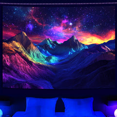 Simpkeely Blacklight Mountain Galaxy Tapestry, UV Reactive Colorful Forest Glow in the Dark Nature Landscape Wall Hanging, Neon Cosmic Starry Night Art for Bedroom