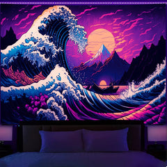 Simpkeely Japanese Sea Wave Tapestry, Blacklight Kanagawa Neon Sunset Ocean Tapestries Wall Hanging, UV Reactive Cool Tsunami Tapestry Wall Art for Bedroom, Living Room