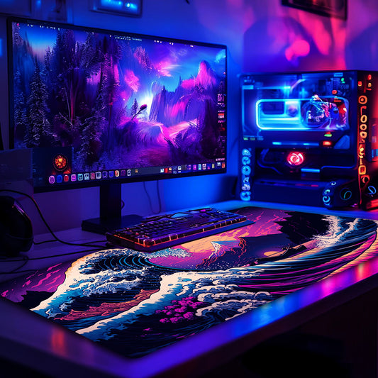 Simpkeely Large Japanese Sea Wave Gaming Mouse Pad - Blacklight Kanagawa Waterproof Desk Mat, Extended Non-Slip Rubber Base, Office & Home Computer Keyboard Pad