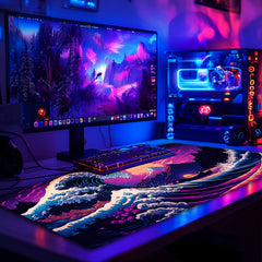 Simpkeely Large Japanese Sea Wave Gaming Mouse Pad - Blacklight Kanagawa Waterproof Desk Mat, Extended Non-Slip Rubber Base, Office & Home Computer Keyboard Pad