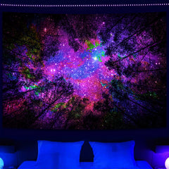 Simpkeely Blacklight Starry Sky Tapestry, Fantasy Forest Space Galaxy Night Nature Scenery Wall Hanging Tapestry, Aesthetic Landscape Wall Art Tapestries for Bedroom, Living Room