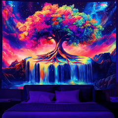 Simpkeely Tree of Life Blacklight Tapestry UV Reactive Colorful Waterfall Tapestry Galaxy Space Starry Sky Wall Tapestries Hanging for Bedroom - 59.1" L x 51.2" W