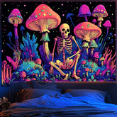 Simpkeely Blacklight Skull Mushroom Tapestry - UV Reactive Funny Skeleton Neon Wall Hanging, Glow in the Dark Forest Decor for Bedroom or Living Room