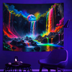 Simpkeely Blacklight Fantasy Waterfall Planet Tapestry UV Reactive Nature Neon Landscape Mountain Wave Tapestry Wall Hanging