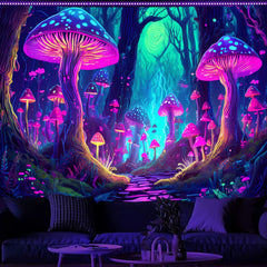 Simpkeely Fantasy Mushroom Tapestry Blacklight Neon Glow Forest Tapestry Wall Hanging Magical Landscape Wall Art for Bedroom