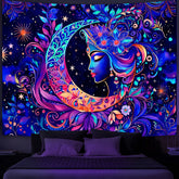Simpkeely Blacklight Moon and Star Tapestry - Elegant Goddess UV Reactive Sun Mandala Wall Hanging, Colorful Boho Aesthetic Tapestry for Bedroom, Living Room