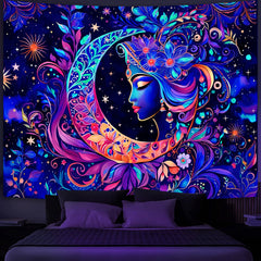 Simpkeely Blacklight Moon and Star Tapestry - Elegant Goddess UV Reactive Sun Mandala Wall Hanging, Colorful Boho Aesthetic Tapestry for Bedroom, Living Room