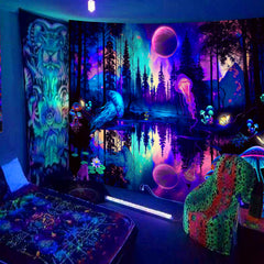 Simpkeely Fantasy Forest Jellyfish Tapestry, Blacklight Colorful Mushroom Butterfly Wall Hanging, UV Reactive Moon Reflection Glow in The Dark Tapestries for Bedroom Aesthetic