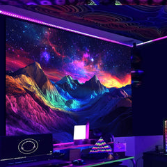 Simpkeely Blacklight Mountain Galaxy Tapestry, UV Reactive Colorful Forest Glow in the Dark Nature Landscape Wall Hanging, Neon Cosmic Starry Night Art for Bedroom