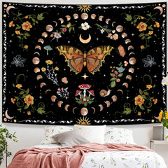 Simpkeely Butterfly Moon Phase Tapestry, Botanical Floral Plant Boho Mushroom Wall Hanging Tapestries, Vintage Aesthetic Tapestry for Bedroom, Living Room