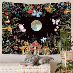 Simpkeely Moon Garden Tapestry Mushroom Moonlit Tapestry Wall Hanging Floral Tapestry Butterfly Plant Poster Country Tapestry for Bedroom Dorm Living Room