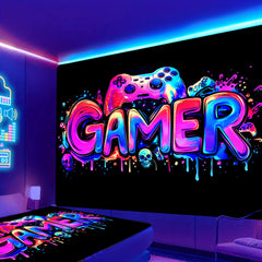 Simpkeely Gamer Gaming Tapestry, Blacklight Game Controller Horror Skull Wall Hanging, UV Reactive Skeleton Glow in the Dark Wall Decor for Bedroom, Living Room