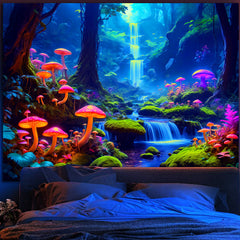 Simpkeely Magical Blacklight Forest Tapestry - UV Reactive Neon Mushroom Waterfall Fairy Landscape Glow in the Dark Wall Art for Bedroom, Dorm Decor