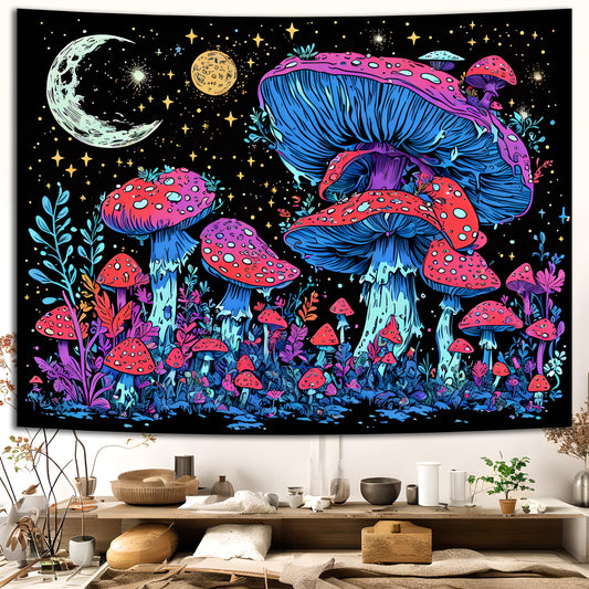 Simpkeely Blacklight Mushroom Tapestry - UV Reactive Glow in the Dark Mystical Night with Moon & Plant Fantasy Wall Hanging for Bedroom & Living Room