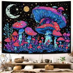 Simpkeely Blacklight Mushroom Tapestry - UV Reactive Glow in the Dark Mystical Night with Moon & Plant Fantasy Wall Hanging for Bedroom & Living Room