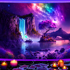 Simpkeely Fantasy Waterfall Tapestry, Blacklight Wonderland Purple Galaxy Tree Landscape UV Reactive Wall Hanging Tapestries for Bedroom, Living Room