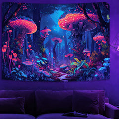 Simpkeely Wonderland Mushroom Tapestry, Blacklight Fantasy Flower Butterfly Tapestry Wall Hanging, Magical Forest Glowing Landscape Tapestry for Bedroom