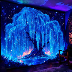 Simpkeely Blacklight Tree of Life Tapestry - UV Reactive Neon Willow & Galaxy Starry Night Wall Hanging, Mystical Aesthetic Wall Art for Bedroom, Living Room & Party Decor