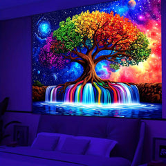 Simpkeely Blacklight Tree of Life Tapestry – UV Reactive Fantasy Colorful Rainbow Waterfall Wall Hanging, Glow in the Dark Galaxy Nature Poster for Bedroom, Living Room, Dorm
