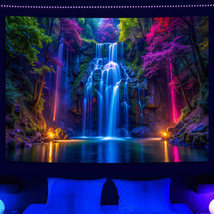 Simpkeely Blacklight Waterfall Tapestry - UV Reactive Glow in the Dark Neon Forest Wall Hanging, Vibrant Nature Landscape Wonderland for Bedroom, Living Room Decor