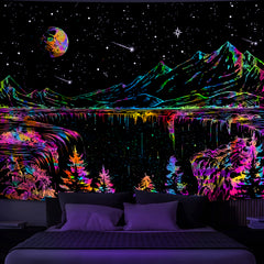 Simpkeely Blacklight Mountain Tapestry, Galaxy Meteor Aesthetic UV Reactive Tapestries, Forest Moon and Stars Starry Night Glow in The Dark Wall Hanging Tapestry for Bedroom, Living Room
