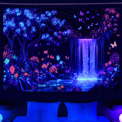 Simpkeely Blacklight Waterfall Tapestry - UV Reactive Glow in The Dark Enchanted Forest Wall Hanging, Neon Butterfly & Floral Wonderland Nature Decor for Bedroom & Living Room