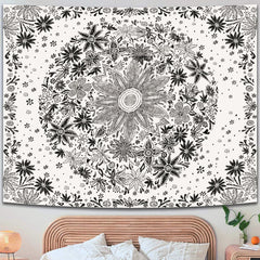 Simpkeely Bohemian Floral Tapestry Wall Hanging, Black and White Daisy Medallion Art Print Tapestry for Bedroom Aesthetic Boho Hippie Home Decor