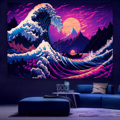 Simpkeely Japanese Sea Wave Tapestry, Blacklight Kanagawa Neon Sunset Ocean Tapestries Wall Hanging, UV Reactive Cool Tsunami Tapestry Wall Art for Bedroom, Living Room