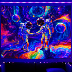 Simpkeely Blacklight Astronaut Handshake Tapestry, UV Reactive Galaxy Colorful Space Wall Hanging Tapestries, Fantasy Starry Sky Glow in The Dark Tapestry for Bedroom, Living Room