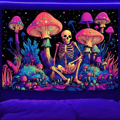 Simpkeely Blacklight Skull Mushroom Tapestry - UV Reactive Funny Skeleton Neon Wall Hanging, Glow in the Dark Forest Decor for Bedroom or Living Room